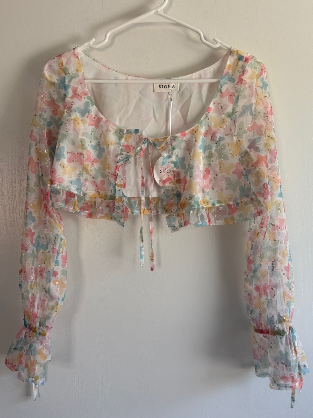 Storia Pastel Floral Tie-Front Sheer Crop Top - Butterfly Sequin